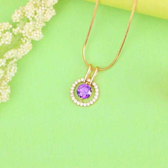 "Radiant Purple Halo Pendant in Gold Plated Brass with Crystal Ring, XPPT1711 - Picture 2 of 13